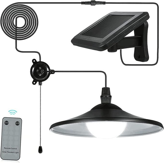 Black solar pendant lamp with curved shade and hanging pull-cord switch