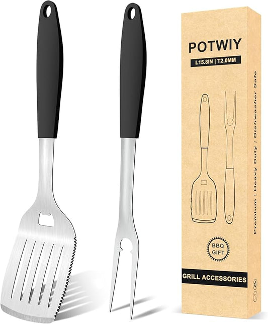 Stainless steel grill spatula and fork set with black silicone handles, BBQ accessories
