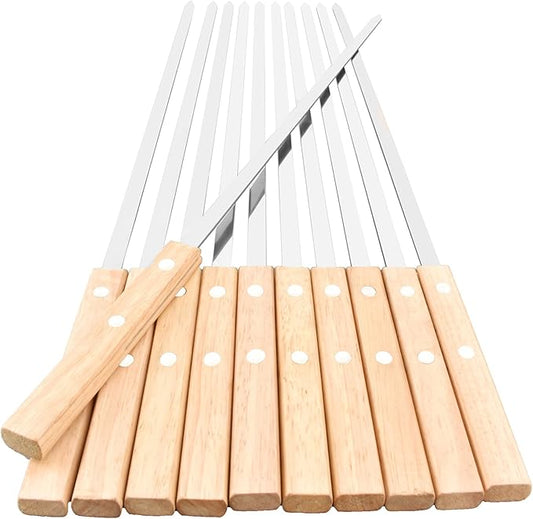 Flat stainless BBQ skewers with wide blades and hardwood handles, set of 12 HONSHEN