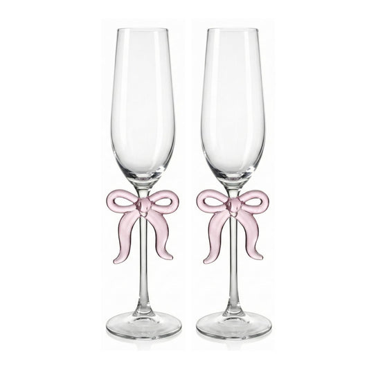 Clear Champagne Glass with Pink Bow on Stem, Set of 2