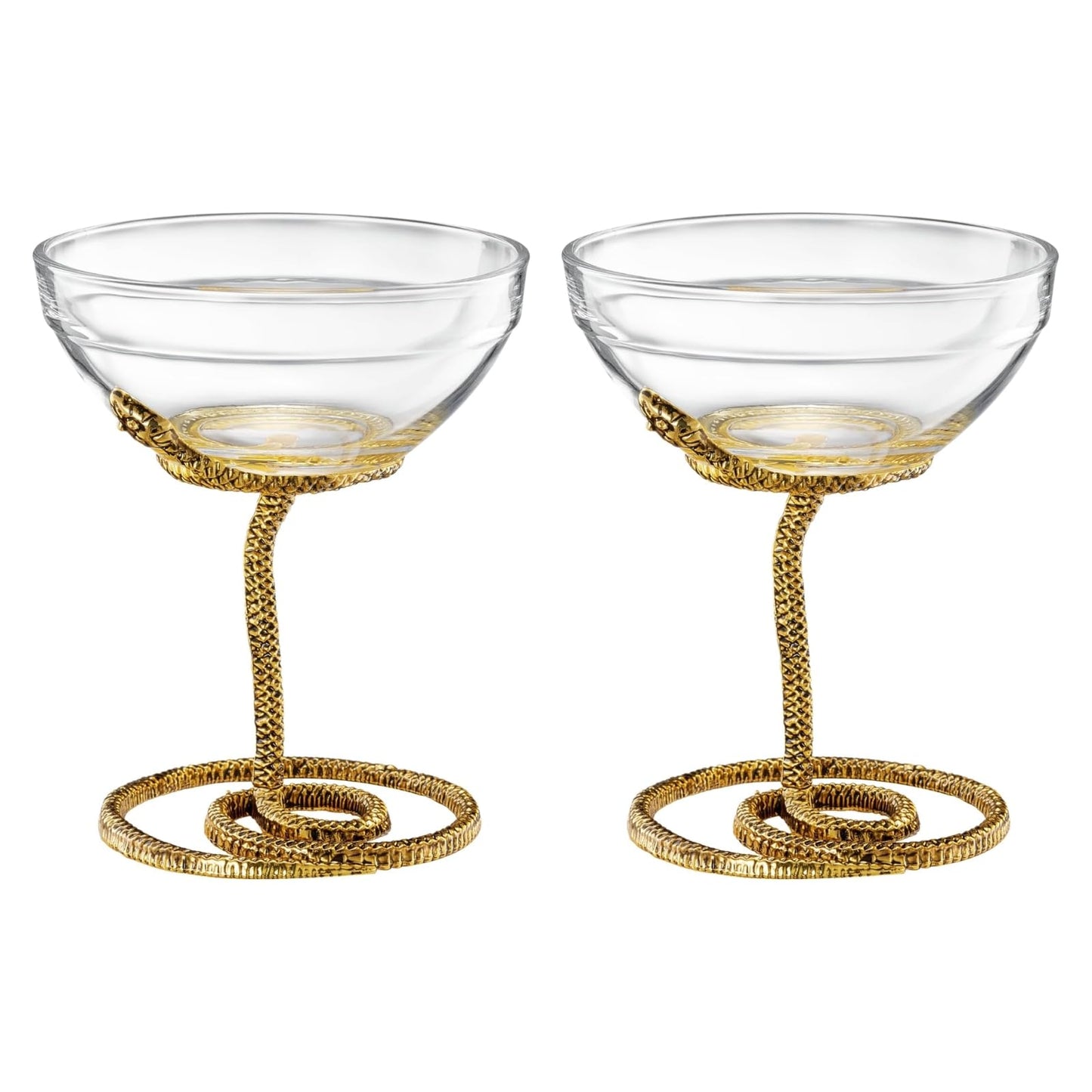 Snake Serpent Cocktail Glasses - 2 Set Gold Design Unique Reptile Inspired Barware