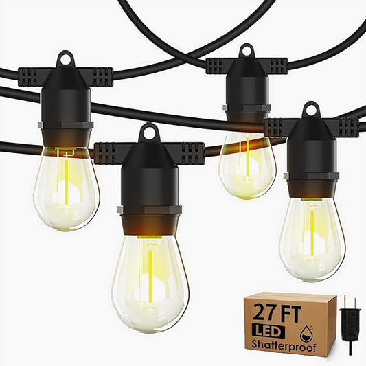 Outdoor LED string lights with black sockets and clear Edison-style shatterproof bulbs
