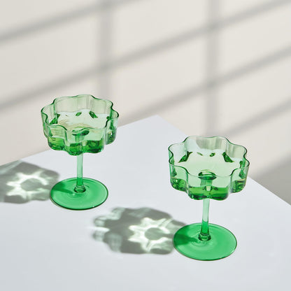 Flower Wave Coupe Cocktail Colored Glasses | Set of 2 | Jade