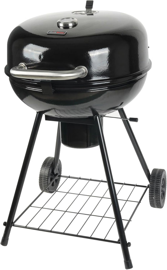 Black charcoal kettle grill with side handle, wheels, and bottom cooking grate