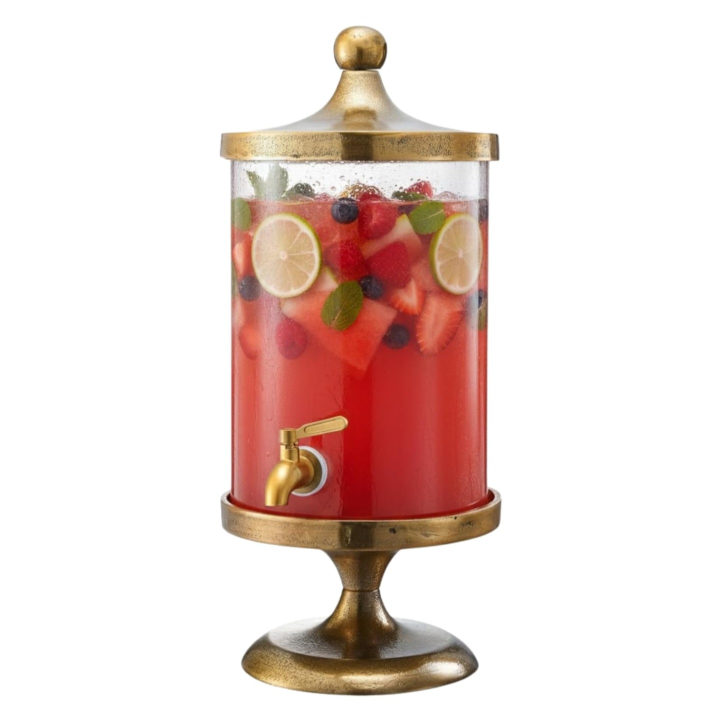 Gold beverage dispenser with clear glass cylinder, gold spigot, and red fruit drink