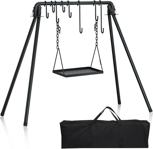 Black campfire grill swing set with hanging grate tray and metal frame, 8 hooks