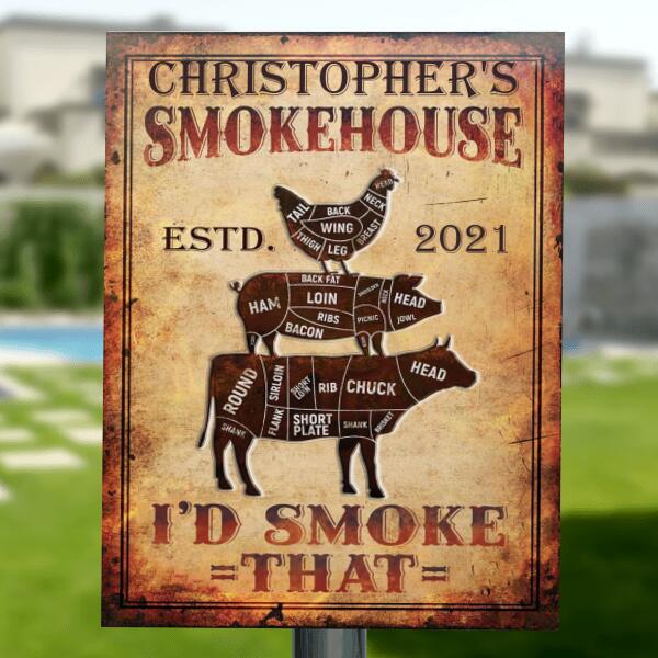 Vertical metal BBQ sign with butcher cuts diagram and custom text, Christopher’s Smokehouse, 2021