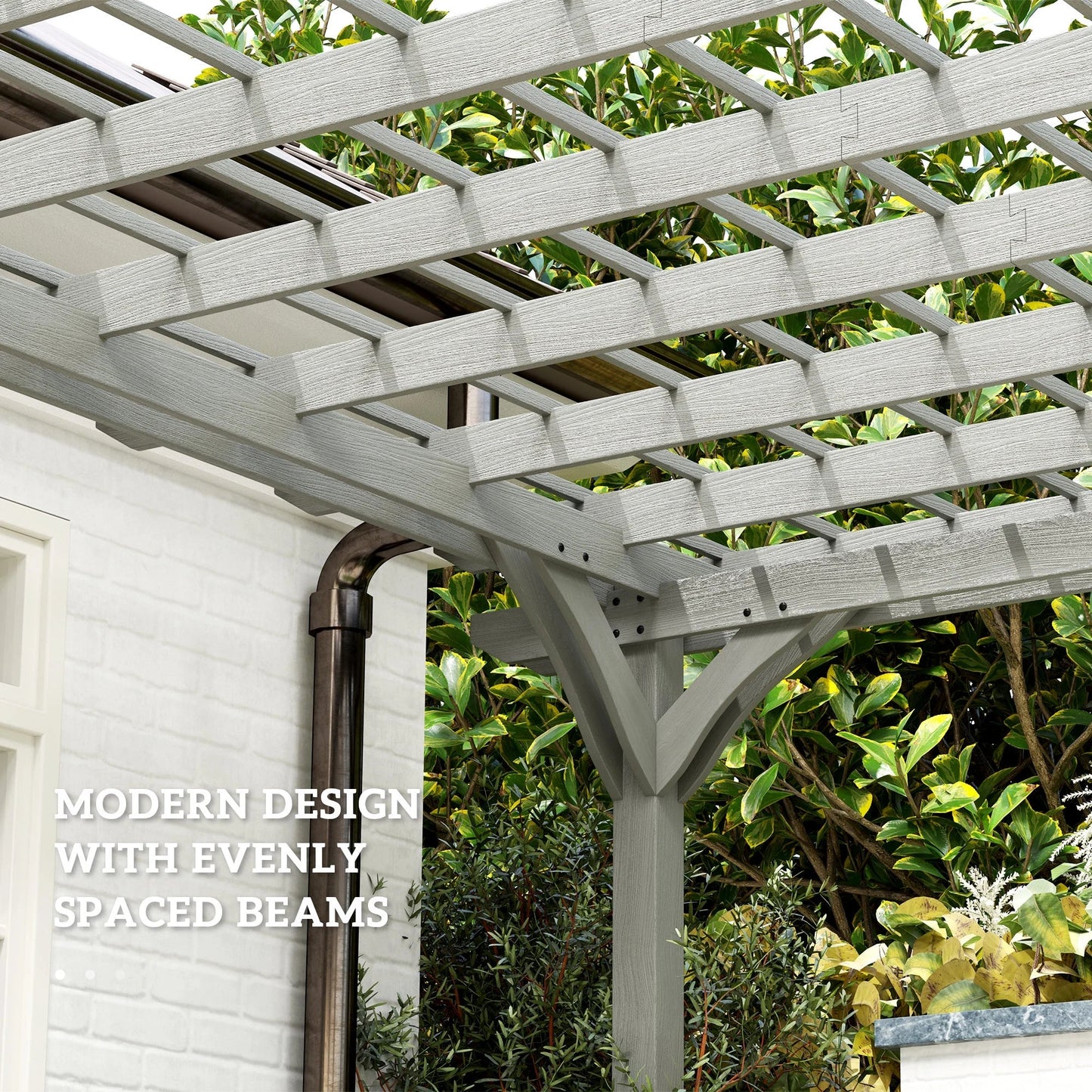 Gray wooden pergola beams with evenly spaced slats and corner support