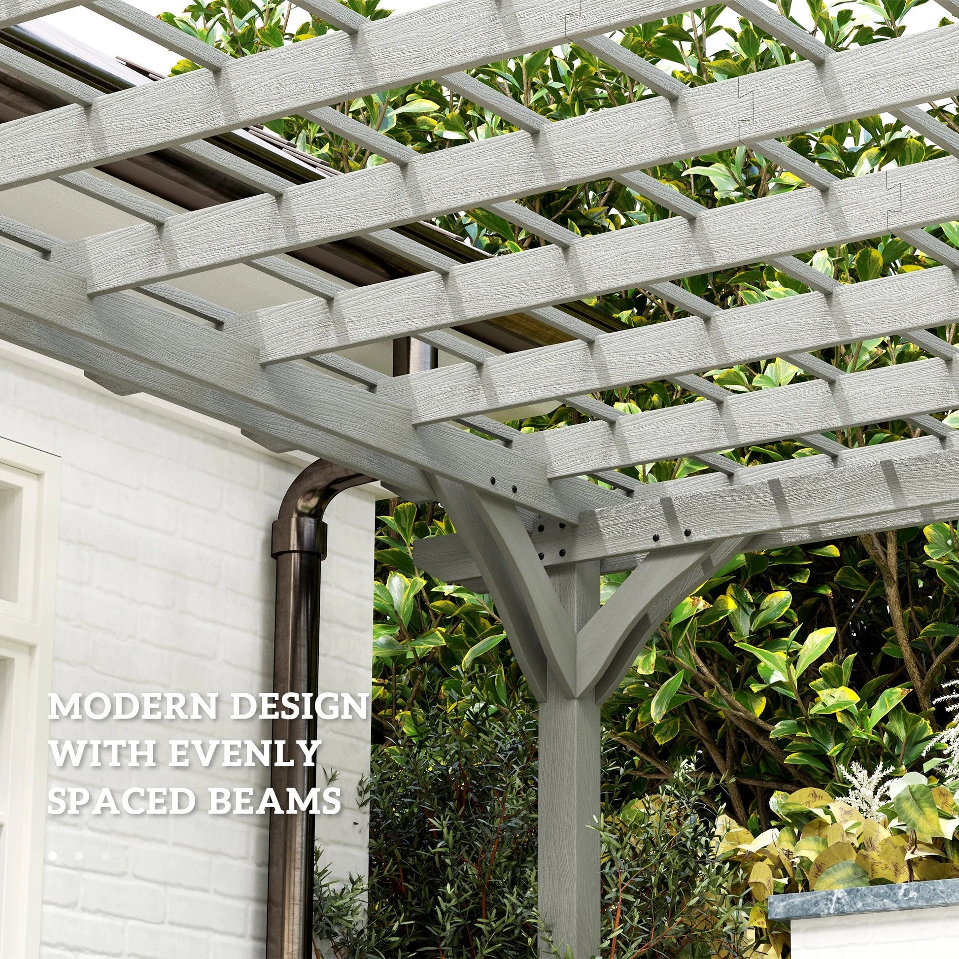 Gray wooden pergola beams with evenly spaced slats and corner support