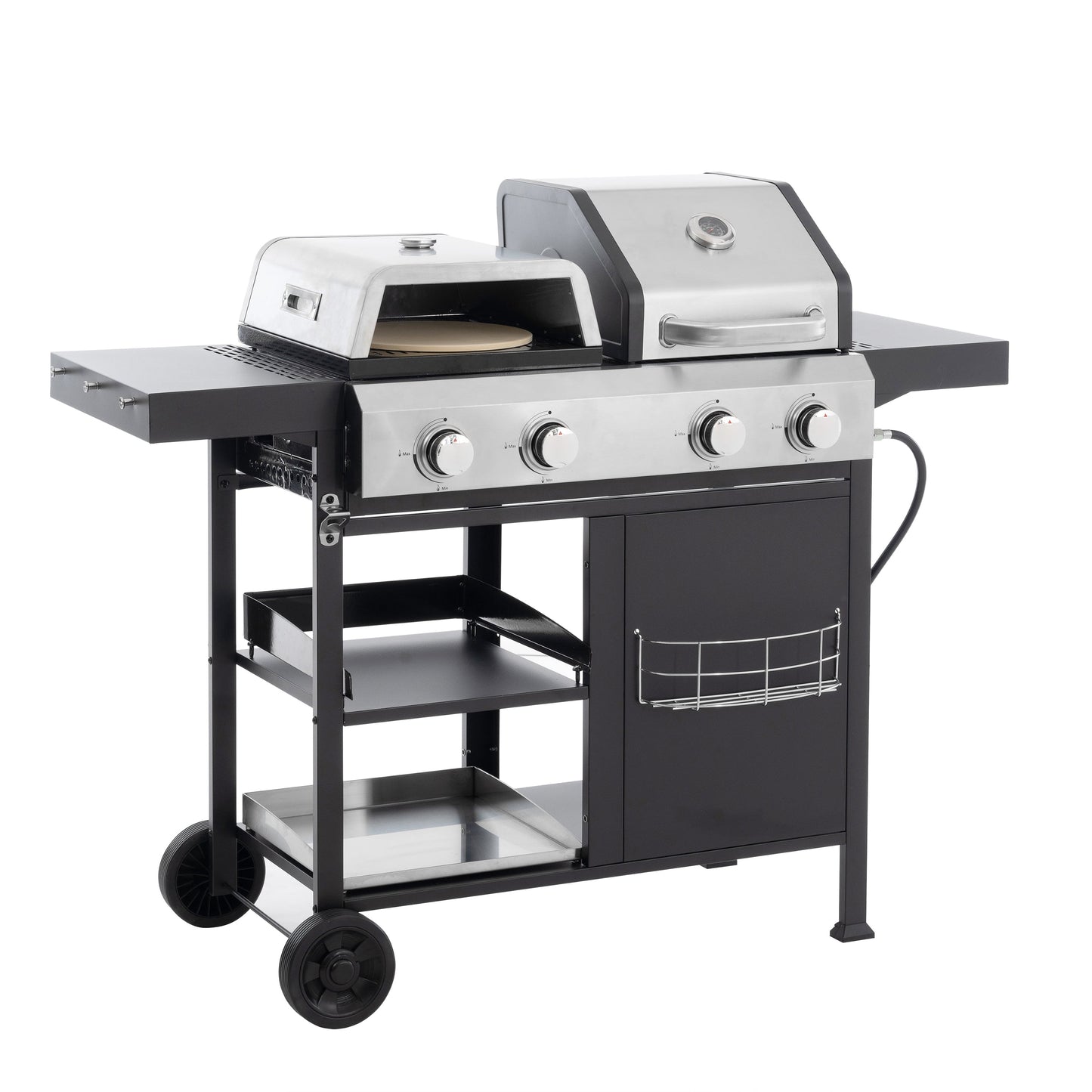 Black and silver multifunction gas grill with open pizza oven, griddle, and cart