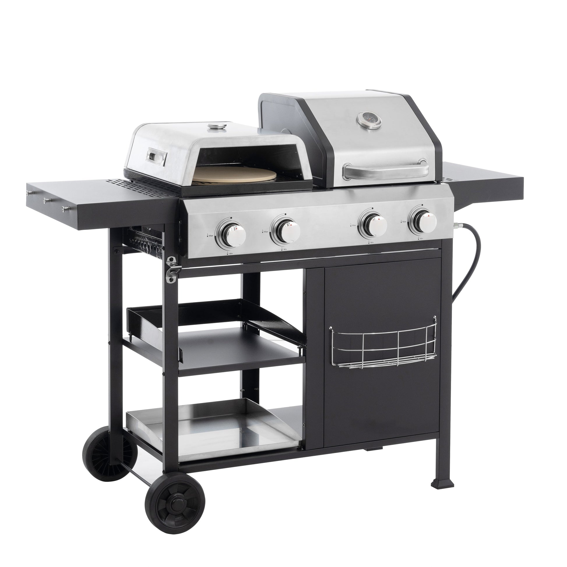 Black and silver multifunction gas grill with open pizza oven, griddle, and cart