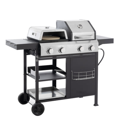 Black and silver multifunction gas grill with open pizza oven, griddle, and cart