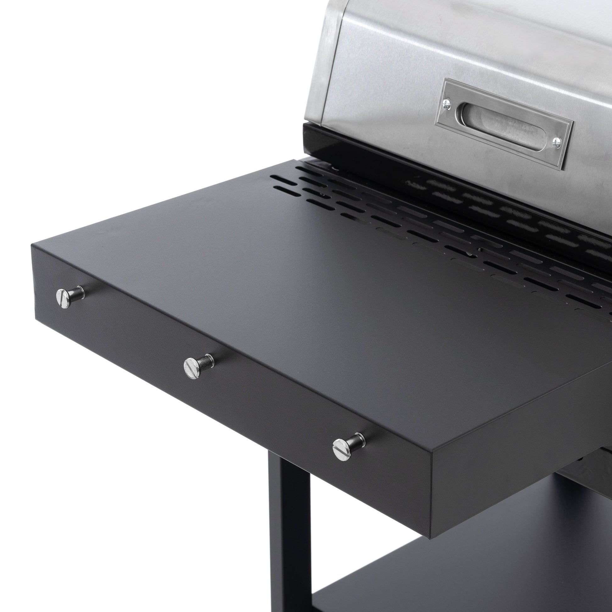 Black and silver gas grill lid with front vents and control knobs