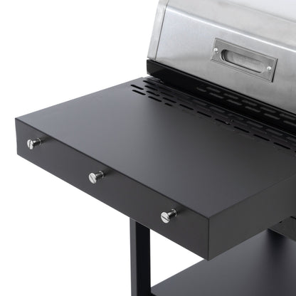 Black and silver gas grill lid with front vents and control knobs