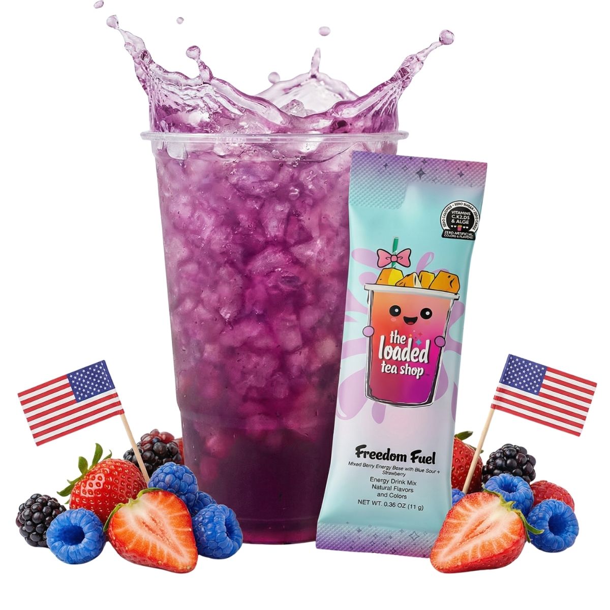 Loaded tea cup with purple berry drink and a tea stick packet