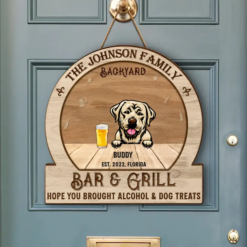 Personalized Dog Wooden Sign – Bar & Grill Style, Up to 6 Dogs