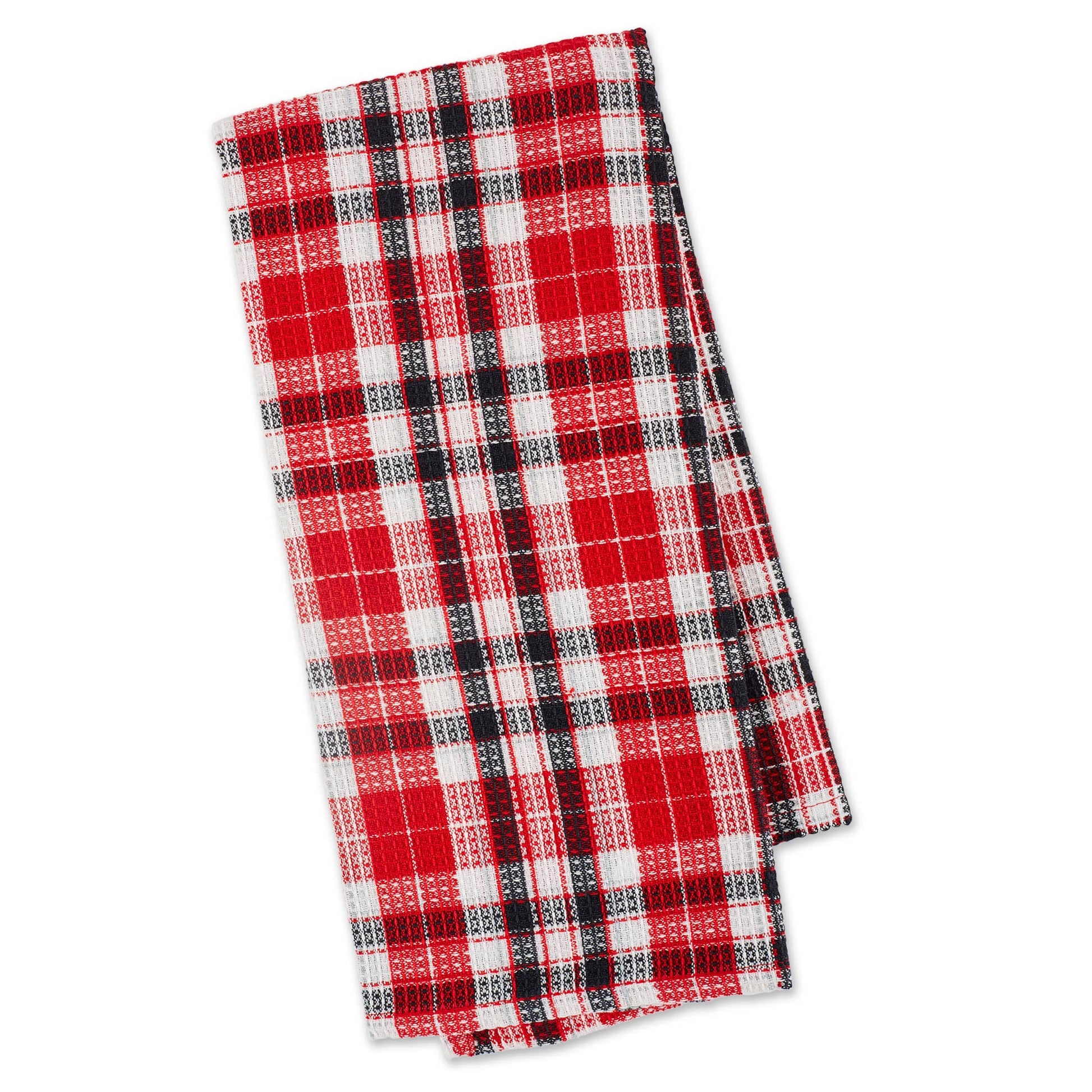 Red and white checkered BBQ dishtowel with black grid accents