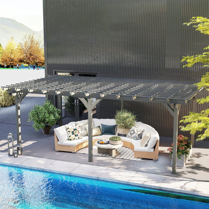 Gray wooden pergola with slatted roof over outdoor seating by a pool