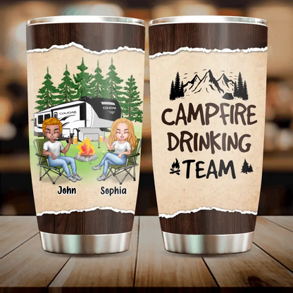 Camping friends tumbler with wood-grain wrap and “Campfire Drinking Team” graphic