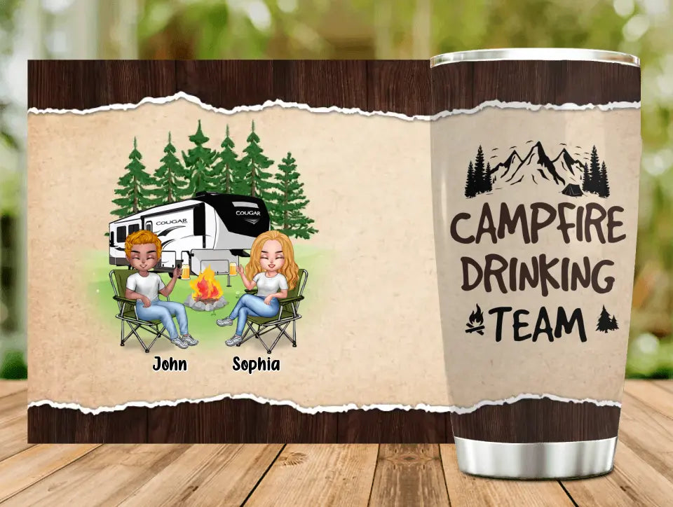 Camping friends tumbler showing two seated characters and “Campfire Drinking Team” text