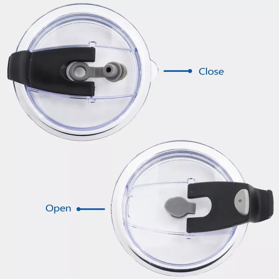 Stainless tumbler lid detail with open and close tabs