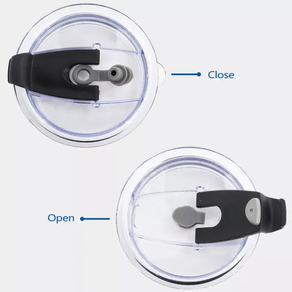 Stainless tumbler lid detail with open and close tabs