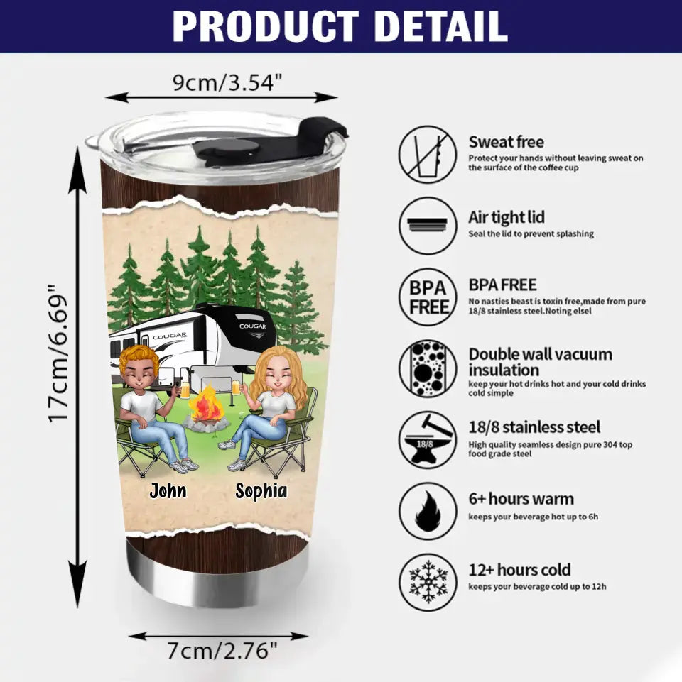 Camping tumbler with clear lid and “Campfire Drinking Team” print, size shown