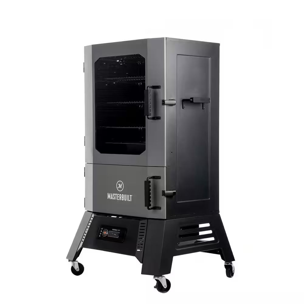 Digital charcoal smoker with side door closed and front control panel visible