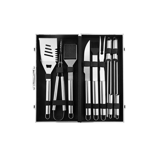 BBQ grill tool set in open aluminum case with stainless spatula, tongs, forks, and knives