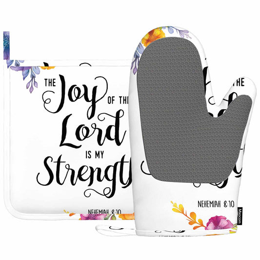 Silicone oven mitt with gray textured grip, floral cuff and white backing