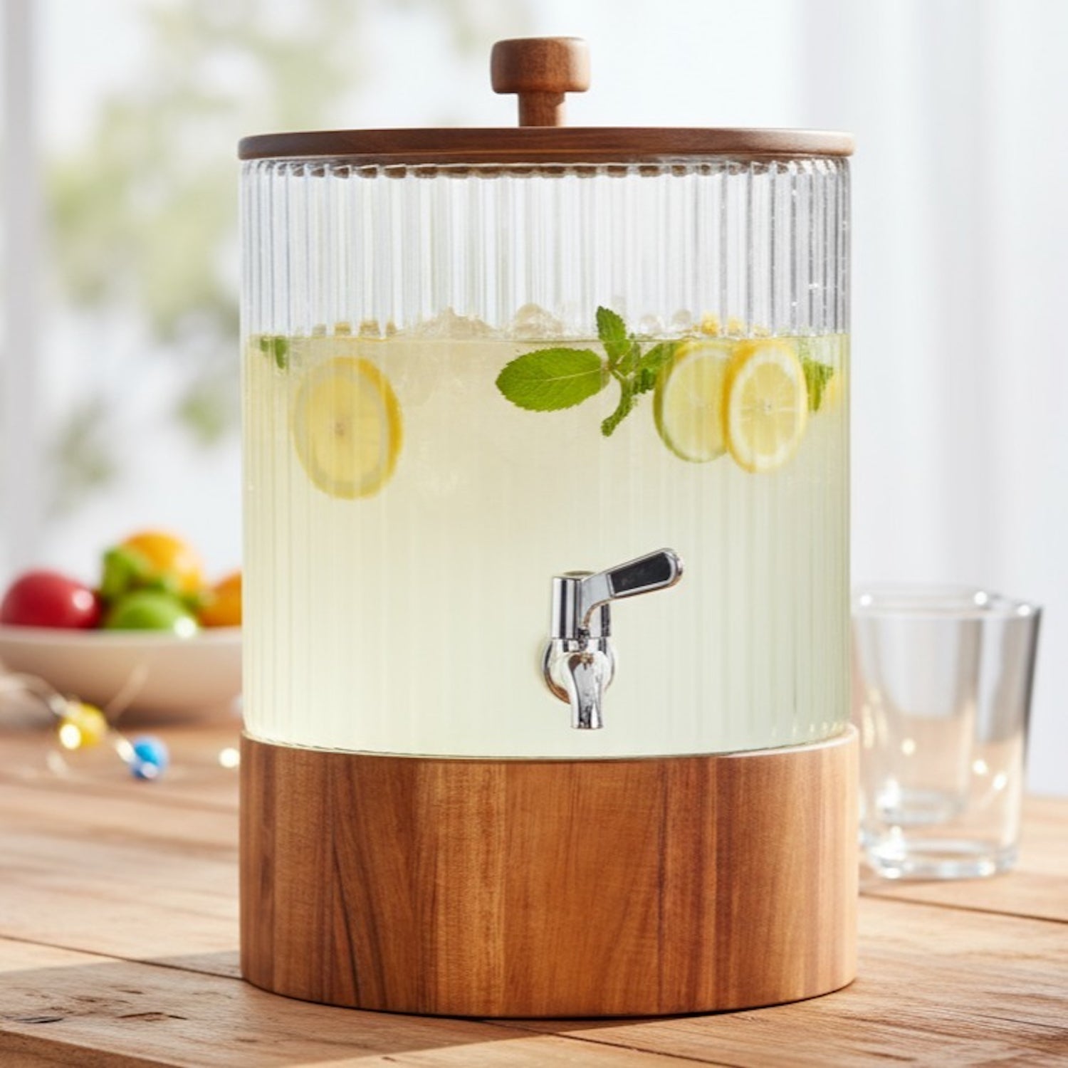 Clear ribbed dispenser with wooden base and lid, metal spigot, lemons and mint inside