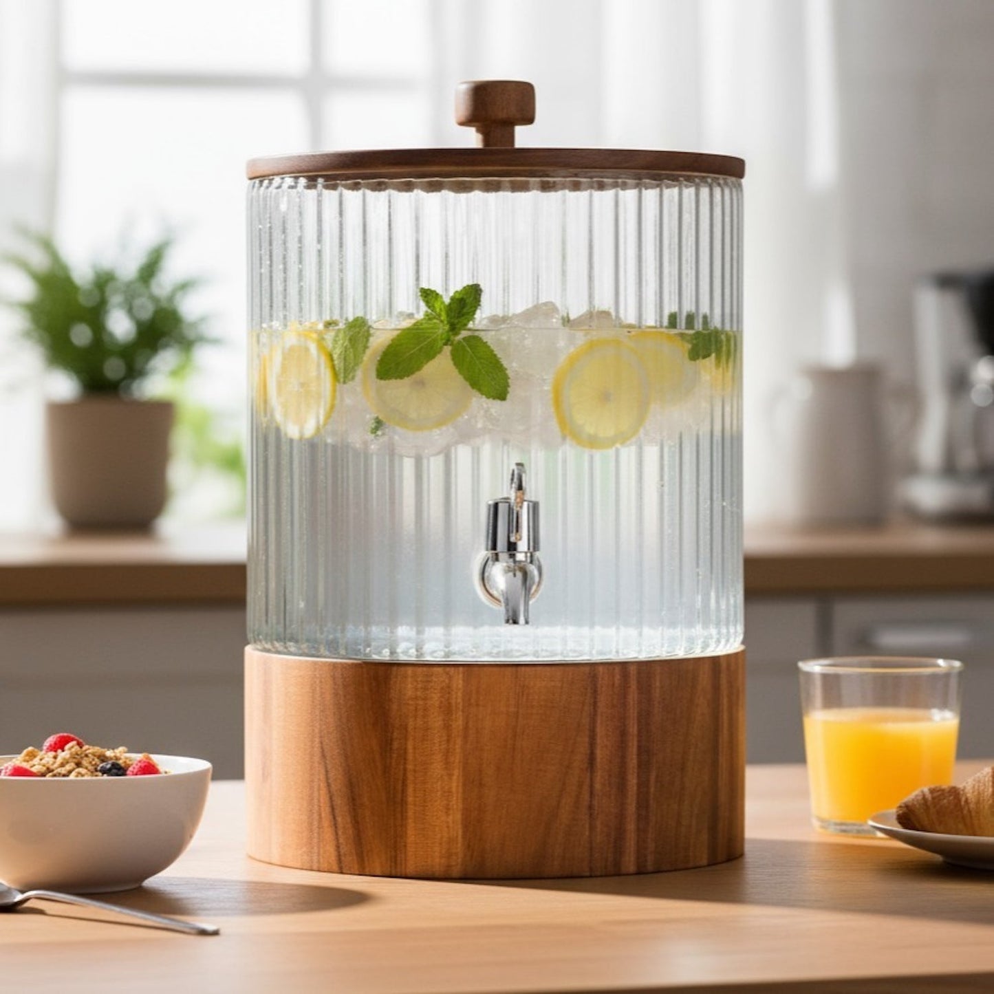 Clear ribbed dispenser with wooden base and lid, metal spigot, lemon slices and mint
