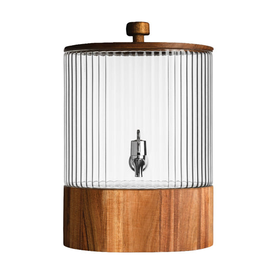 Glass beverage dispenser with ribbed clear body, wooden lid, and metal spigot