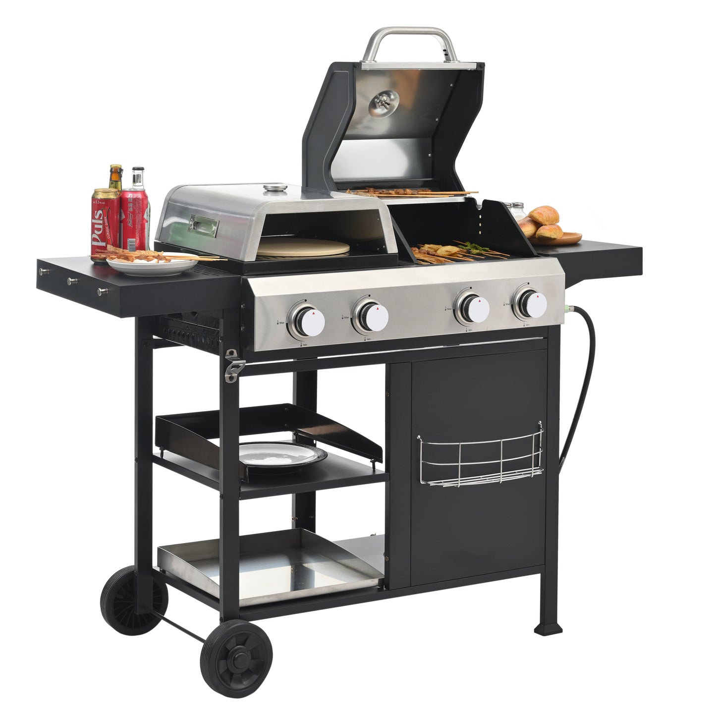 Gas grill and griddle combo with open lid, side shelves, utensil area, and front wheels