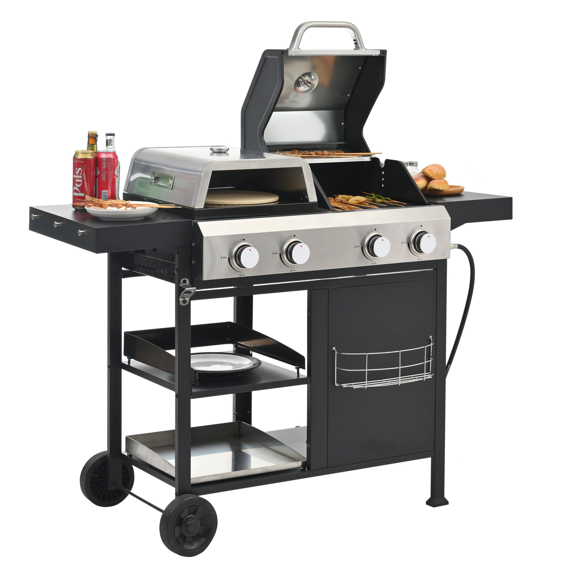 Gas grill and griddle combo with open lid, side shelves, utensil area, and front wheels
