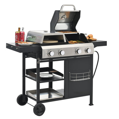 Gas grill and griddle combo with open lid, side shelves, utensil area, and front wheels
