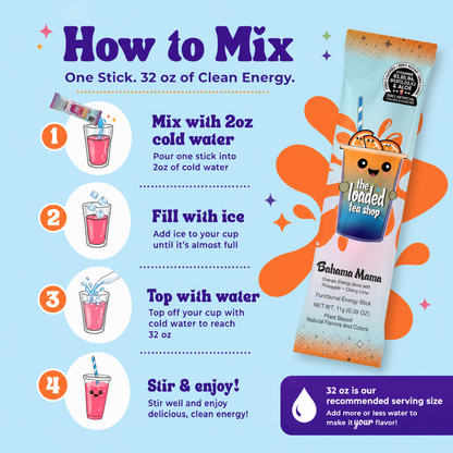 Bahama Mama loaded tea stick packet with step-by-step mixing instructions and cups.
