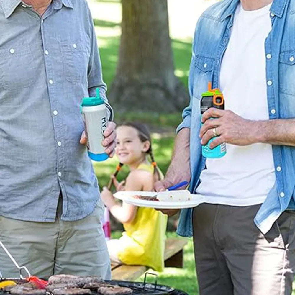 Reusable can cover with silicone straw attached to a can for outdoor sipping