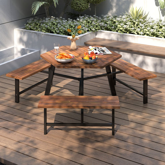 Acacia wood picnic table with 3 benches, slatted top, dark metal frame