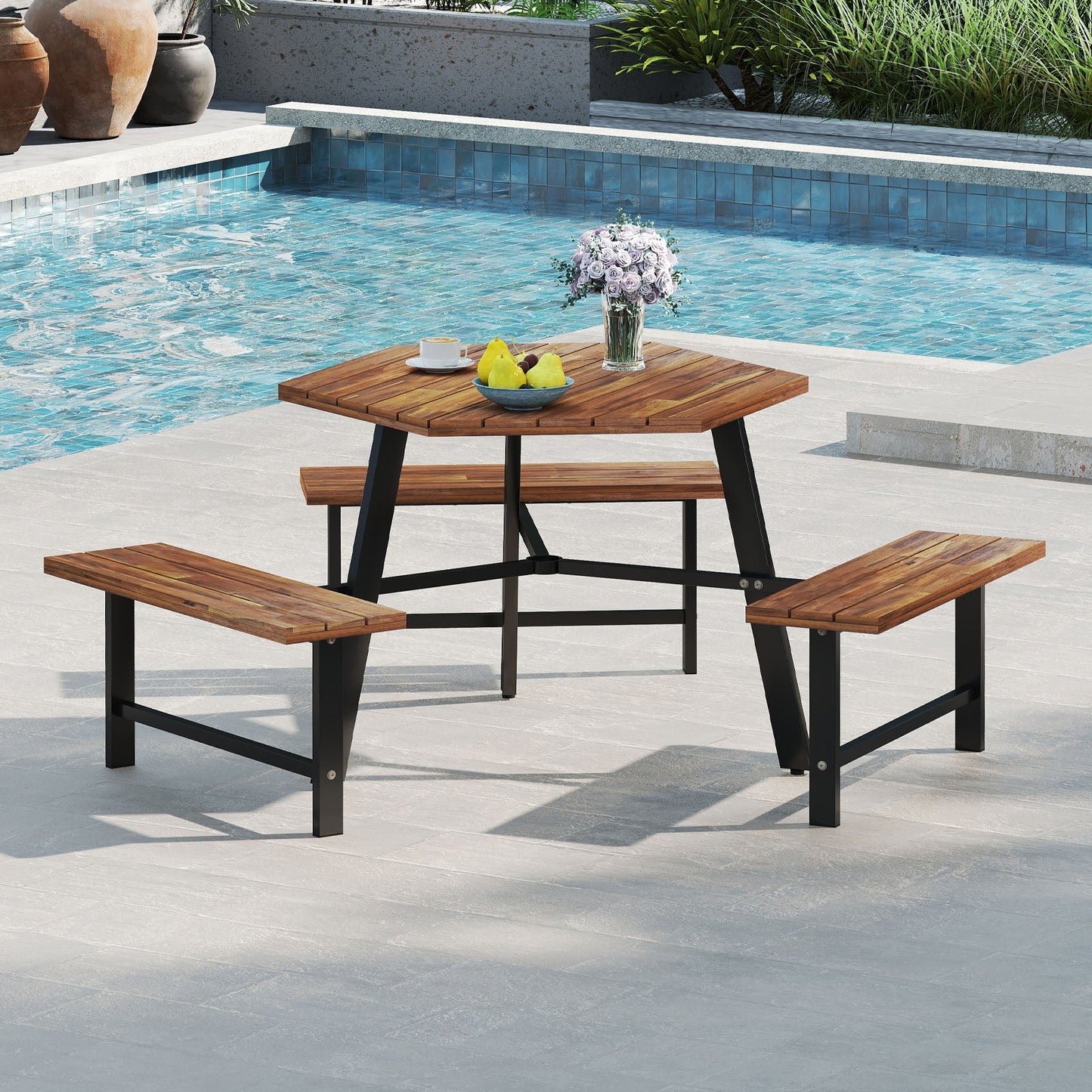Acacia wood picnic table with 3 benches, slatted tabletop, dark metal legs