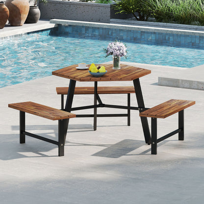 Acacia wood picnic table with 3 benches, slatted tabletop, dark metal legs