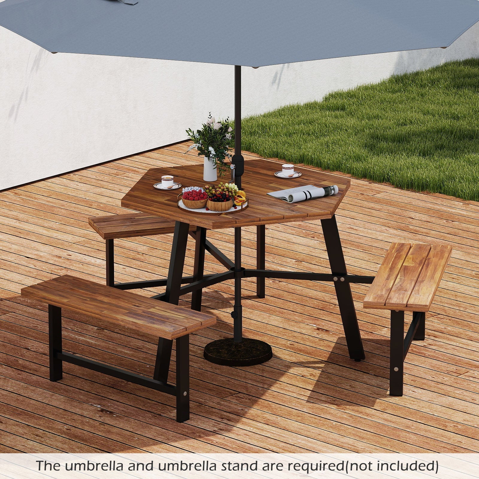 Acacia wood picnic table with 3 benches, slatted surface, dark metal legs