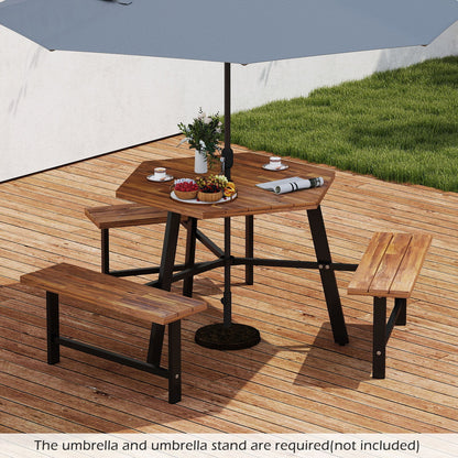 Acacia wood picnic table with 3 benches, slatted surface, dark metal legs