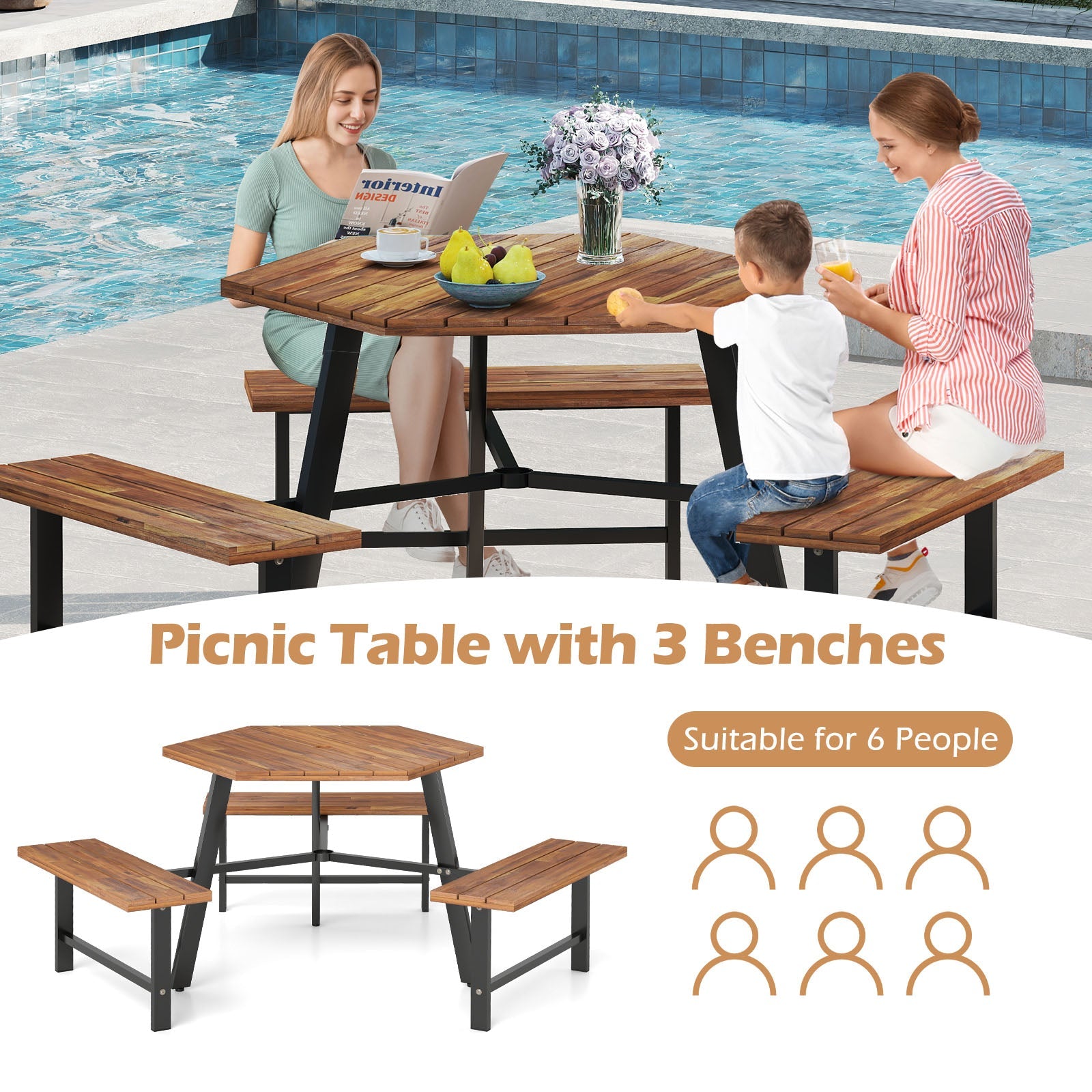 Acacia wood picnic table with 3 benches, slatted tabletop and bench seating