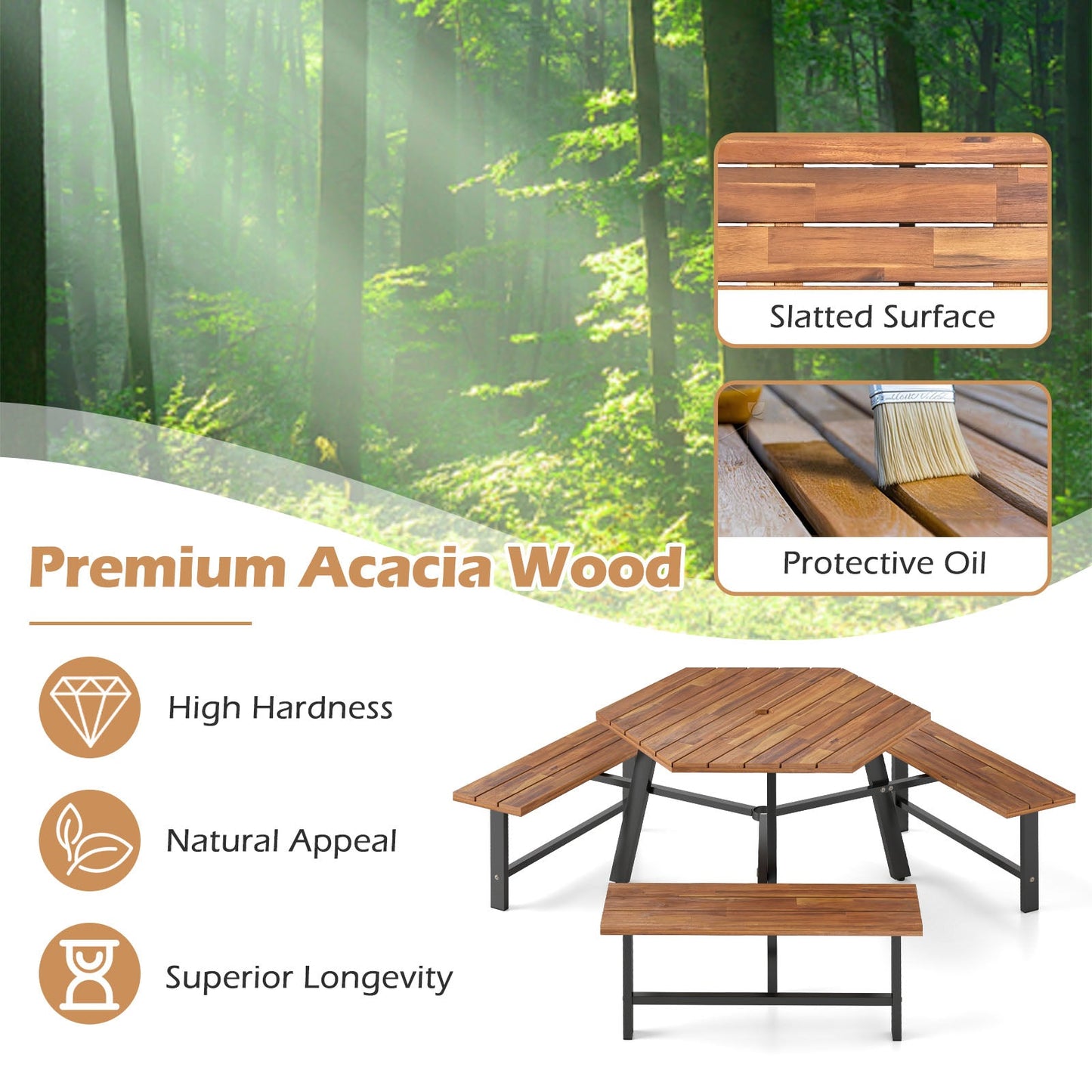 Acacia wood picnic table set features graphic with slatted surface and protective oil