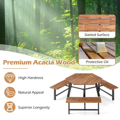 Acacia wood picnic table set features graphic with slatted surface and protective oil