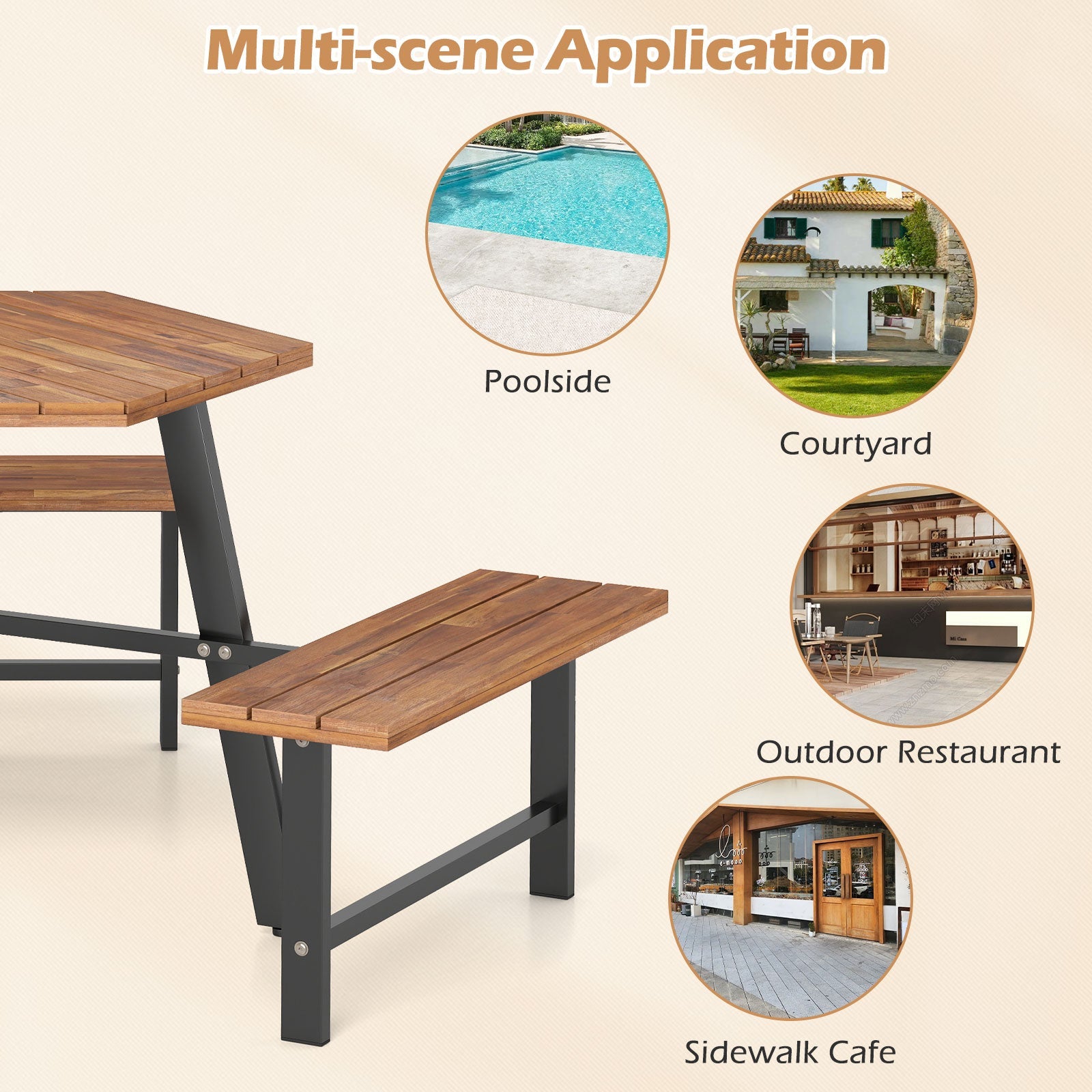 Acacia wood picnic table set multi-scene graphic with table and bench seating