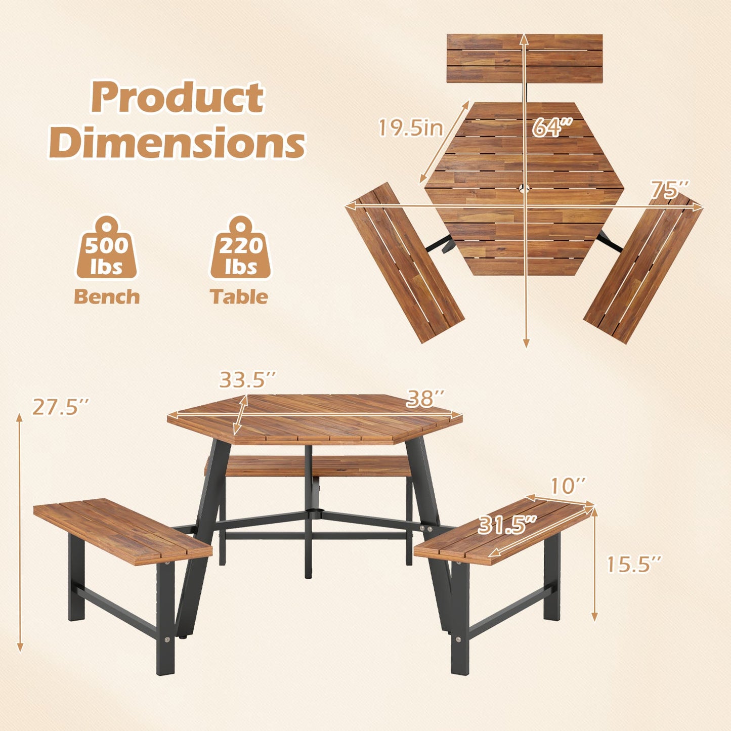 Picnic table set dimensions diagram showing table and three bench measurements
