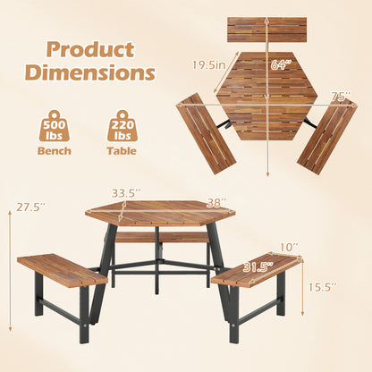 Picnic table set dimensions diagram showing table and three bench measurements