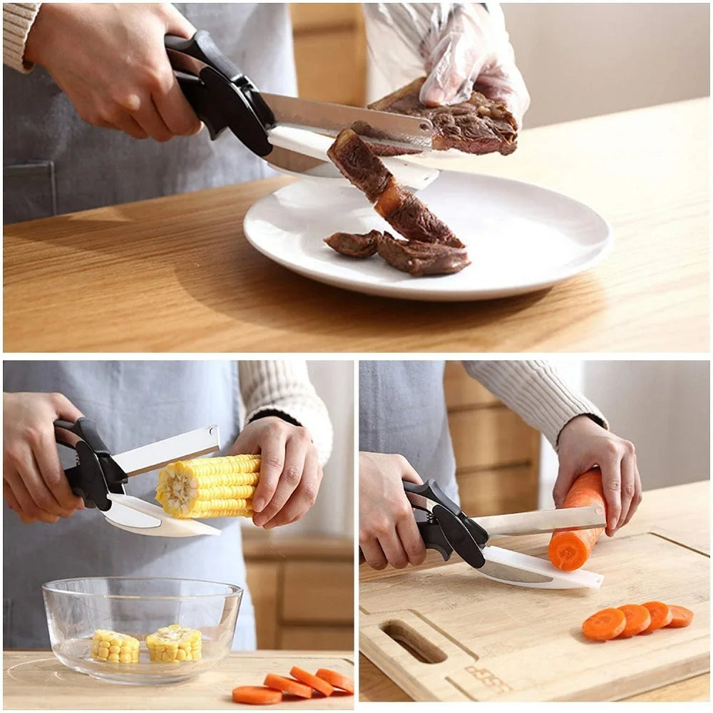 Kitchen scissors with built-in cutting board, slicing food with black handles and white blade
